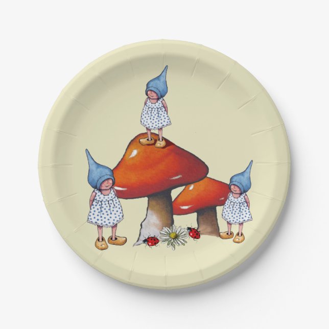 Tripet Gnomes Girl, Toadstool Original Fantasy Art Paper Plate (Front)