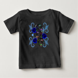 Triple Black Day Of The Dead Skulls Blue Roses Baby T-Shirt
