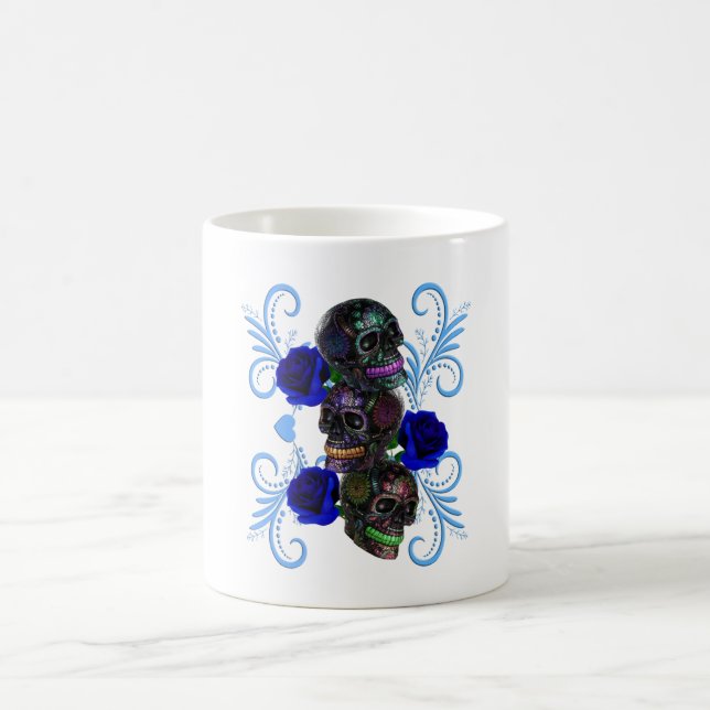 Triple Black Day Of The Dead Skulls Blue Roses Coffee Mug (Center)