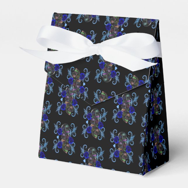Triple Black Day Of The Dead Skulls Blue Roses Favour Box (Front Side)