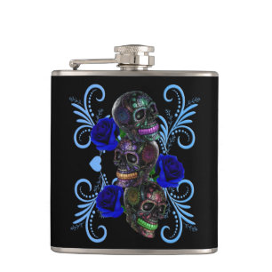 Triple Black Day Of The Dead Skulls Blue Roses Hip Flask