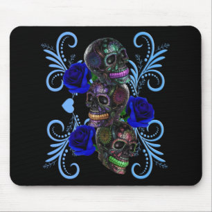Triple Black Day Of The Dead Skulls Blue Roses Mouse Mat