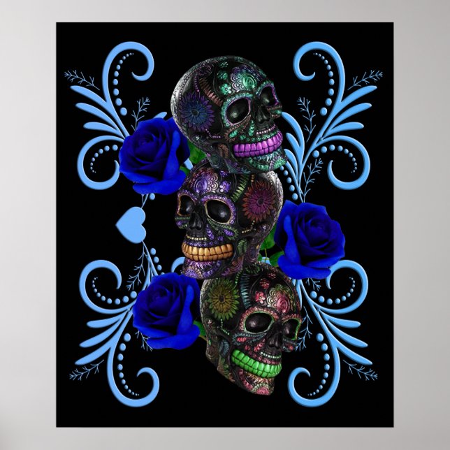 Triple Black Day Of The Dead Skulls Blue Roses Poster (Front)