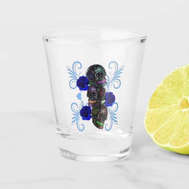 Triple Black Day Of The Dead Skulls Blue Roses Shot Glass (Front)