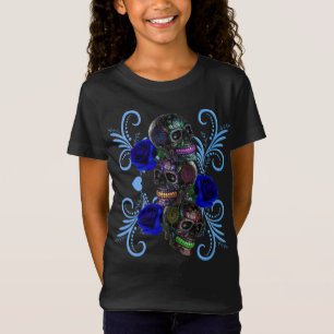 Triple Black Day Of The Dead Skulls Blue Roses T-Shirt
