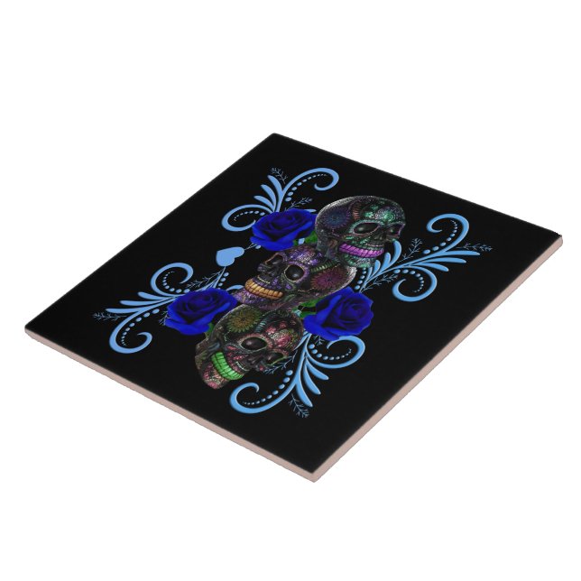 Triple Black Day Of The Dead Skulls Blue Roses Tile (Side)