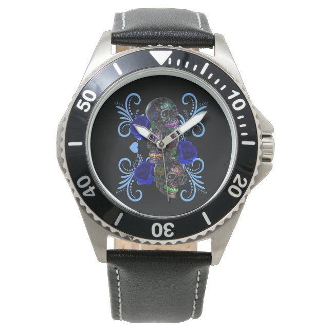 Triple Black Day Of The Dead Skulls Blue Roses Watch (Front)