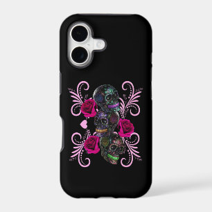 Triple Black Day Of The Dead Skulls Pink Roses