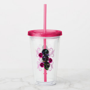 Triple Black Day Of The Dead Skulls Pink Roses Acrylic Tumbler