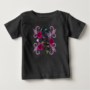 Triple Black Day Of The Dead Skulls Pink Roses Baby T-Shirt