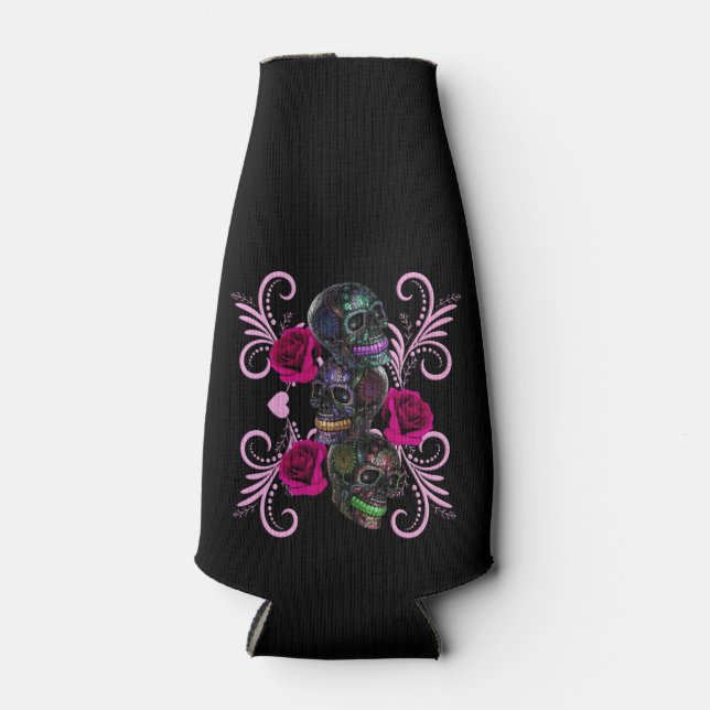 Triple Black Day Of The Dead Skulls Pink Roses Bottle Cooler (Front)