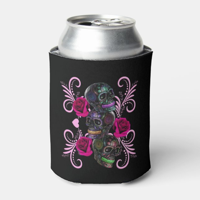 Triple Black Day Of The Dead Skulls Pink Roses Can Cooler (Can Front)