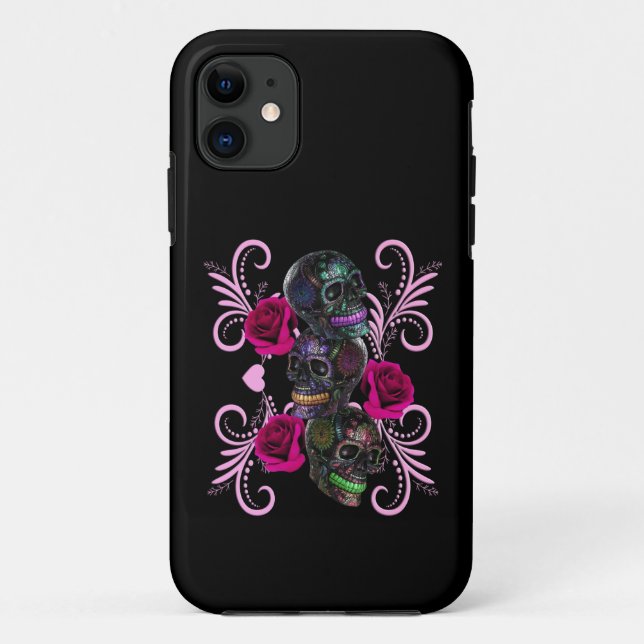 Triple Black Day Of The Dead Skulls Pink Roses Case-Mate iPhone Case (Back)