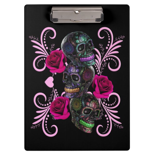 Triple Black Day Of The Dead Skulls Pink Roses Clipboard (Front)