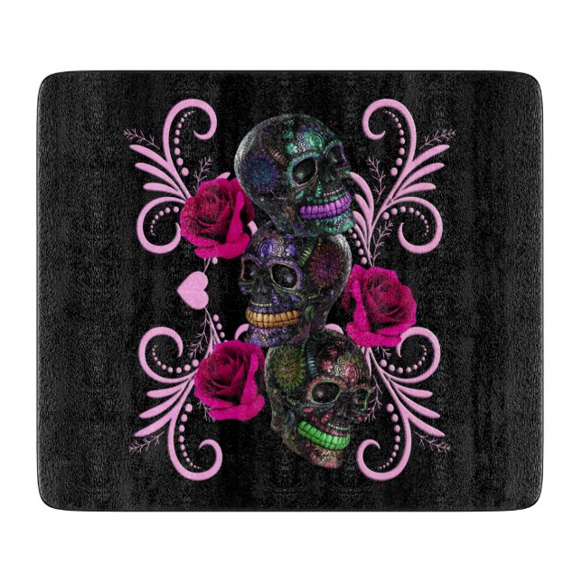 Triple Black Day Of The Dead Skulls Pink Roses Cutting Board (Front)
