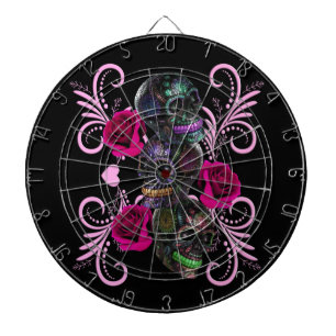 Triple Black Day Of The Dead Skulls Pink Roses Dartboard