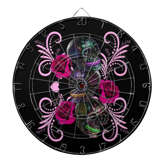 Triple Black Day Of The Dead Skulls Pink Roses Dartboard (Front)