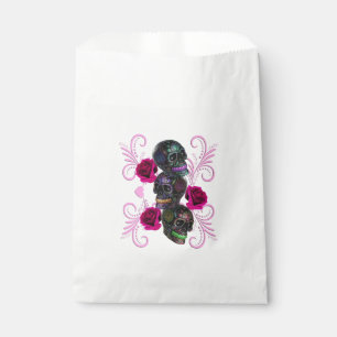 Triple Black Day Of The Dead Skulls Pink Roses Favour Bags