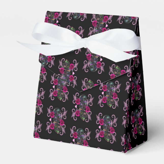 Triple Black Day Of The Dead Skulls Pink Roses Favour Box (Front Side)