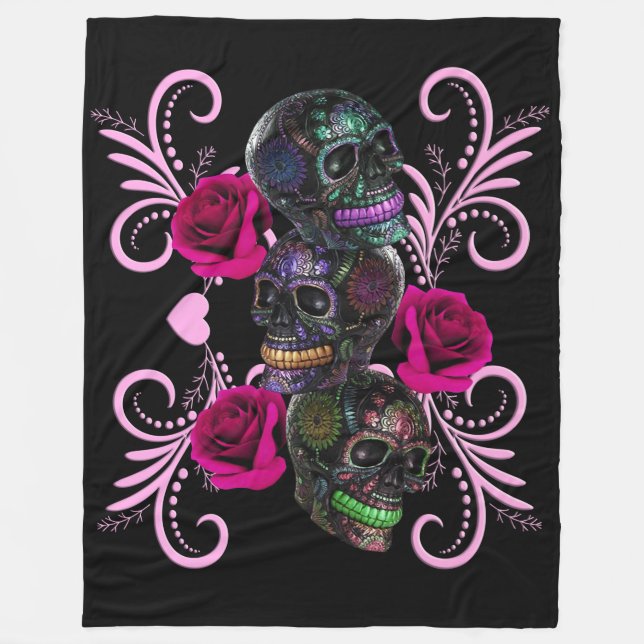 Triple Black Day Of The Dead Skulls Pink Roses Fleece Blanket (Front)