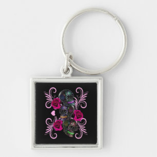 Triple Black Day Of The Dead Skulls Pink Roses Key Ring