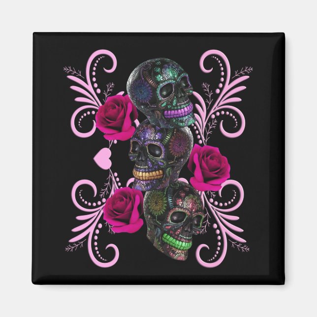 Triple Black Day Of The Dead Skulls Pink Roses Magnet (Front)