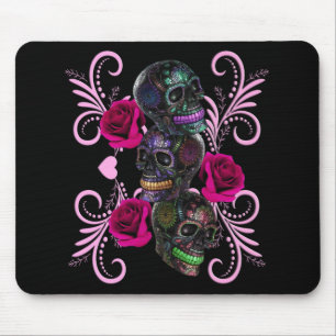 Triple Black Day Of The Dead Skulls Pink Roses Mouse Mat