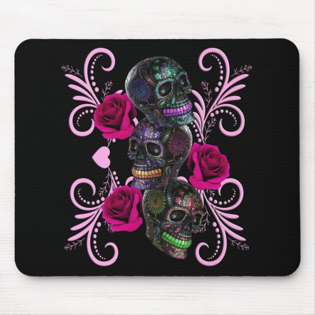 Triple Black Day Of The Dead Skulls Pink Roses Mouse Mat (Front)