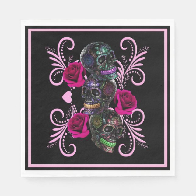 Triple Black Day Of The Dead Skulls Pink Roses Napkin (Front)
