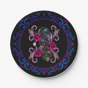 Triple Black Day Of The Dead Skulls Pink Roses Paper Plate