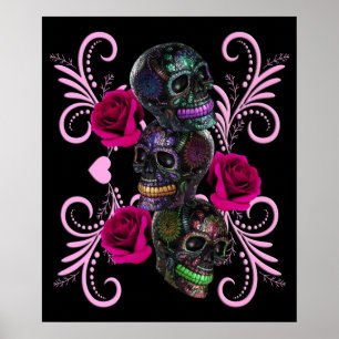 Triple Black Day Of The Dead Skulls Pink Roses Poster