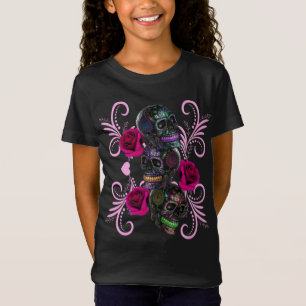 Triple Black Day Of The Dead Skulls Pink Roses T-Shirt