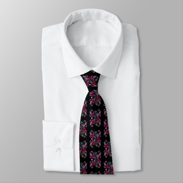 Triple Black Day Of The Dead Skulls Pink Roses Tie (Tied)