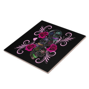 Triple Black Day Of The Dead Skulls Pink Roses Tile