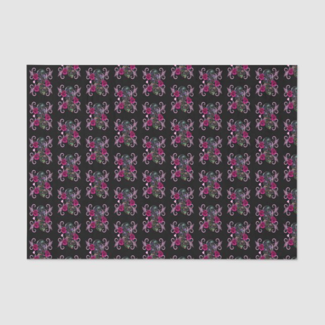 Triple Black Day Of The Dead Skulls Pink Roses Tissue Paper (Front)