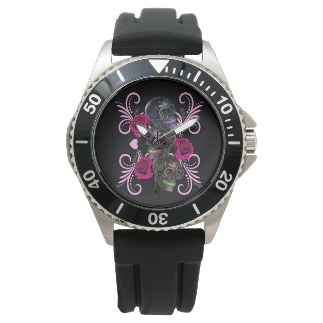 Triple Black Day Of The Dead Skulls Pink Roses Watch (Front)