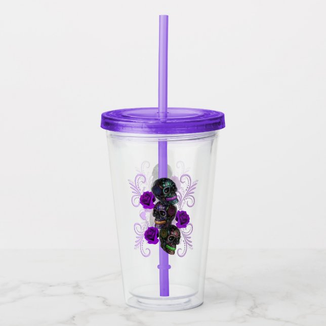 Triple Black Day Of The Dead Skulls Purple Roses Acrylic Tumbler (Front)