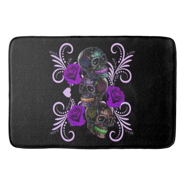 Triple Black Day Of The Dead Skulls Purple Roses Bath Mat (Front)