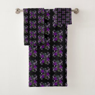 Triple Black Day Of The Dead Skulls Purple Roses Bath Towel Set