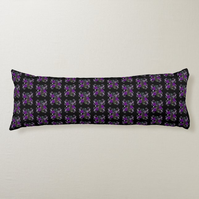 Triple Black Day Of The Dead Skulls Purple Roses Body Cushion (Front)