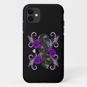 Triple Black Day Of The Dead Skulls Purple Roses iPhone 11 Case