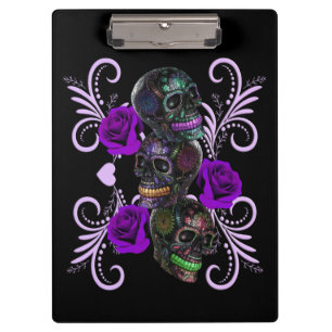 Triple Black Day Of The Dead Skulls Purple Roses Clipboard