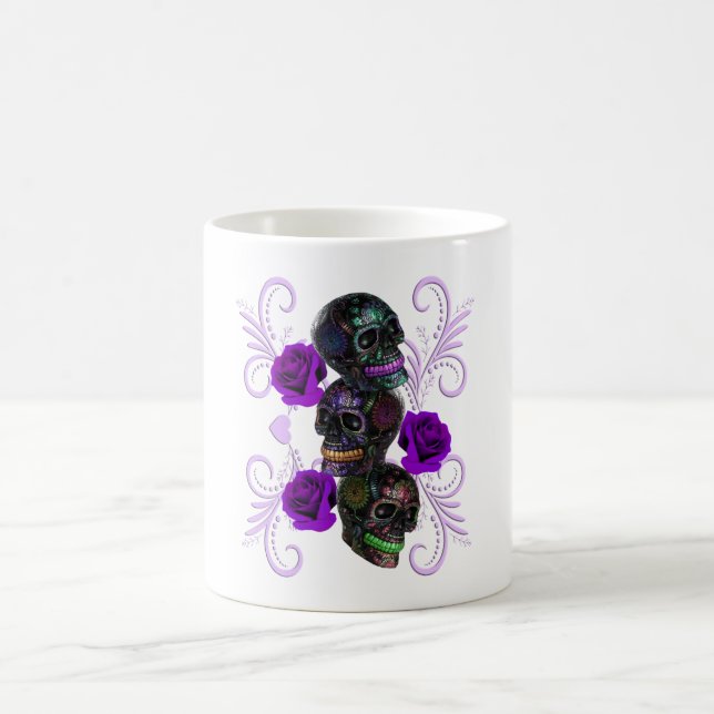 Triple Black Day Of The Dead Skulls Purple Roses Coffee Mug (Center)