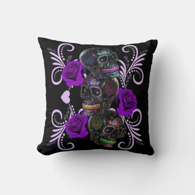 Triple Black Day Of The Dead Skulls Purple Roses Cushion (Front)