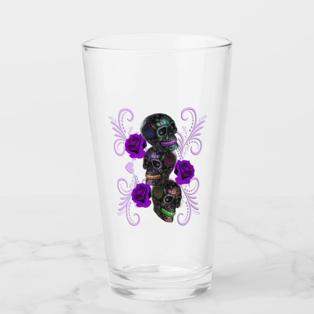Triple Black Day Of The Dead Skulls Purple Roses Glass (Front)