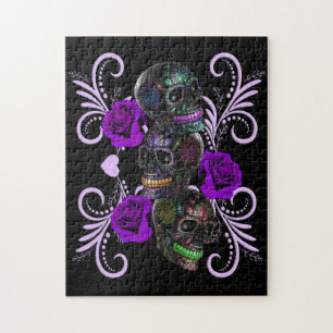 Triple Black Day Of The Dead Skulls Purple Roses Jigsaw Puzzle