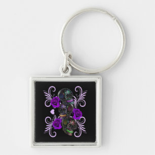 Triple Black Day Of The Dead Skulls Purple Roses Key Ring