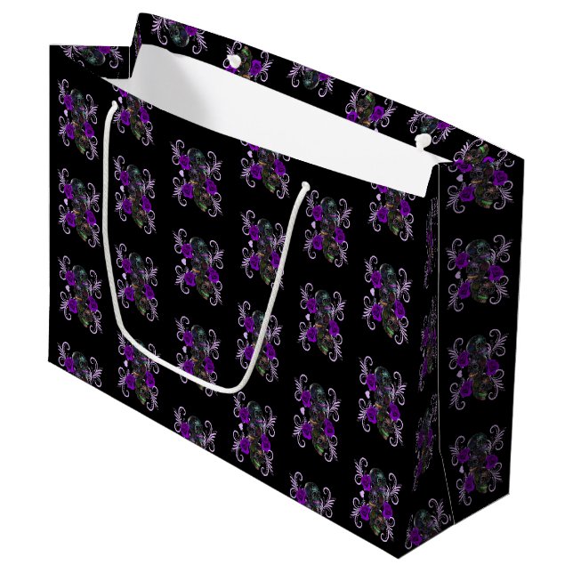Triple Black Day Of The Dead Skulls Purple Roses Large Gift Bag (Front Angled)