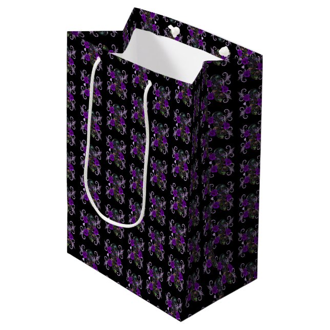 Triple Black Day Of The Dead Skulls Purple Roses Medium Gift Bag (Front Angled)