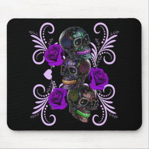 Triple Black Day Of The Dead Skulls Purple Roses Mouse Mat